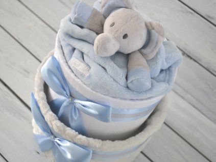 Dvoupatrový plenkový dort VI. s šedou dekou a sloníkem se světle modrou stuhou